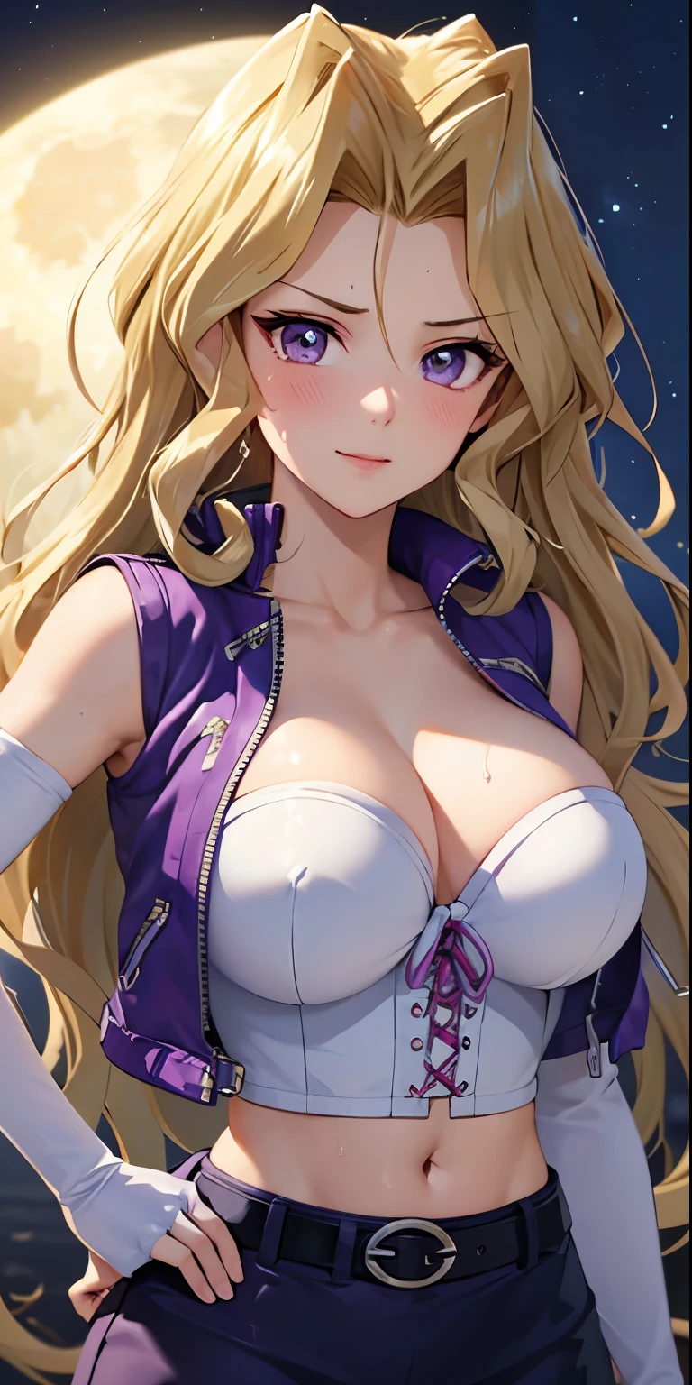 1 Female,High definition,high resolution,Ultra-realistic,8K, 8K, kujaku mai, blonde hair, purple eyes, breasts, blush, skirt, long hair, large breasts, elbow gloves, white gloves, navel, cleavage, detached sleeves, midriff, belt, vest, crop top, bustier,European,sexy,Upper body close-up,Photographed from the front,Dynamic Angles,(blush), big tits , happy, wink the eye,facial, sweat, outdoors, moonlight, night