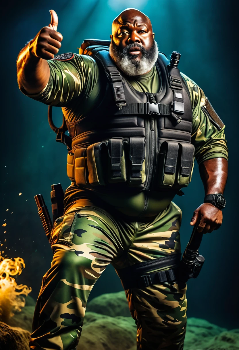 (a dark-skinned bearded fat muscular old man in a bulky army camouflage zipper diver suit) carrying a gun, dynamic action pose, fierce expression, showcasing an imposing stature, surrounded by military elements, dramatic shadows and intense highlights, cinematic color tones, high detail, powerful, art influenced by Bruce Onobrakpeya and Stanley Artgerm, ultra-detailed, best quality image, action-packed atmosphere. thumbs up pose