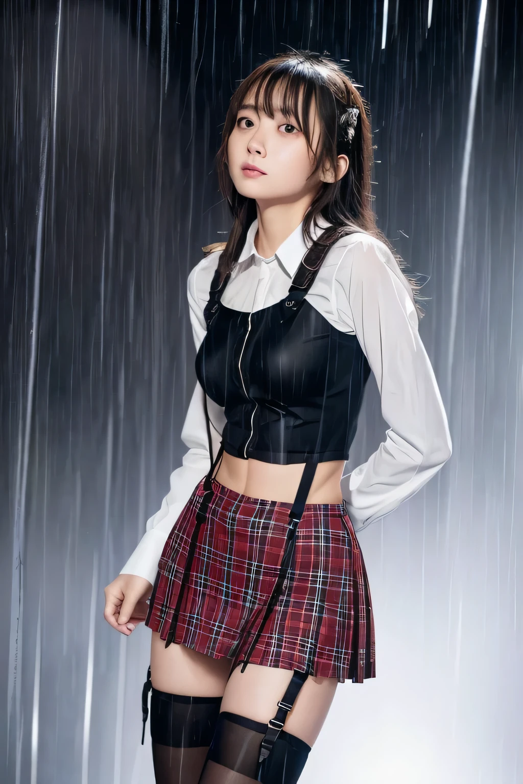 1 female, , high quality, masterpiece, Ultra-high resolution, Cinema Lighting, 1 female, , high quality, masterpiece, Ultra-high resolution, , Cinema Lighting, suspenders Moderate breasts Small face Looking up Sweat Thin belt buzzer 脇Sweat Garter belt Belt on pants holster Hands behind your back Looking up Anxious face Knee-high Knee socks Knee-highソックス garter ふとももにGarter belt Checkered mini skirt Panty shot Skirt gap Armament holster holster Hands behind your back Anxious expression Anxious face, legs apart Armament Leg holster holster See-through clothing heavy rain Rain-soaked dress shirt,