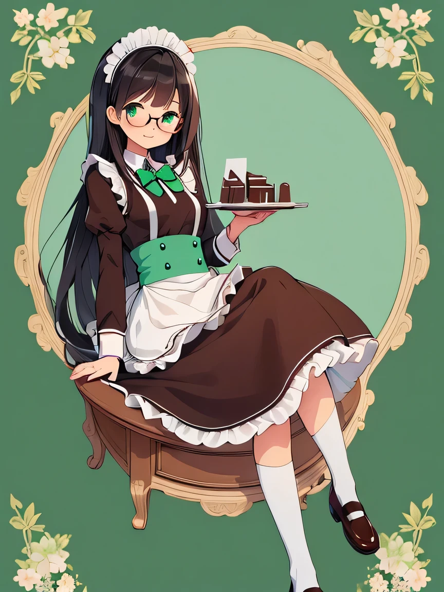 ((masterpiece)), ((best quality)), (ultra-detailed), ((kawaii)), cute, (lovely), illustration, anime style, full body, (Cafeteria), (beautiful eyes), beautiful black hair, long hair, slim, slender, medium breast, glasses, (chocolate mint color maid's uniform:1.3), Holding a silver tray, (seductive smile), Chocolate base color, mint green for the pointing color