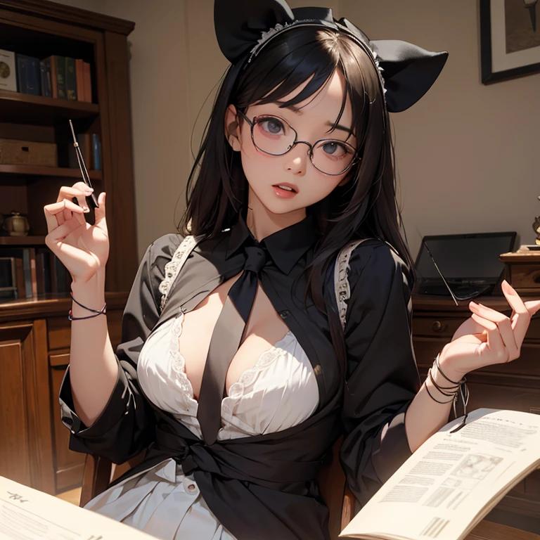 Catnoir (sex cat girl) sitting at desk,wearing glasses, (seductive stare), reading books, sexy body, cat ears, moonlight shining through window, HDR, 4K, realistic