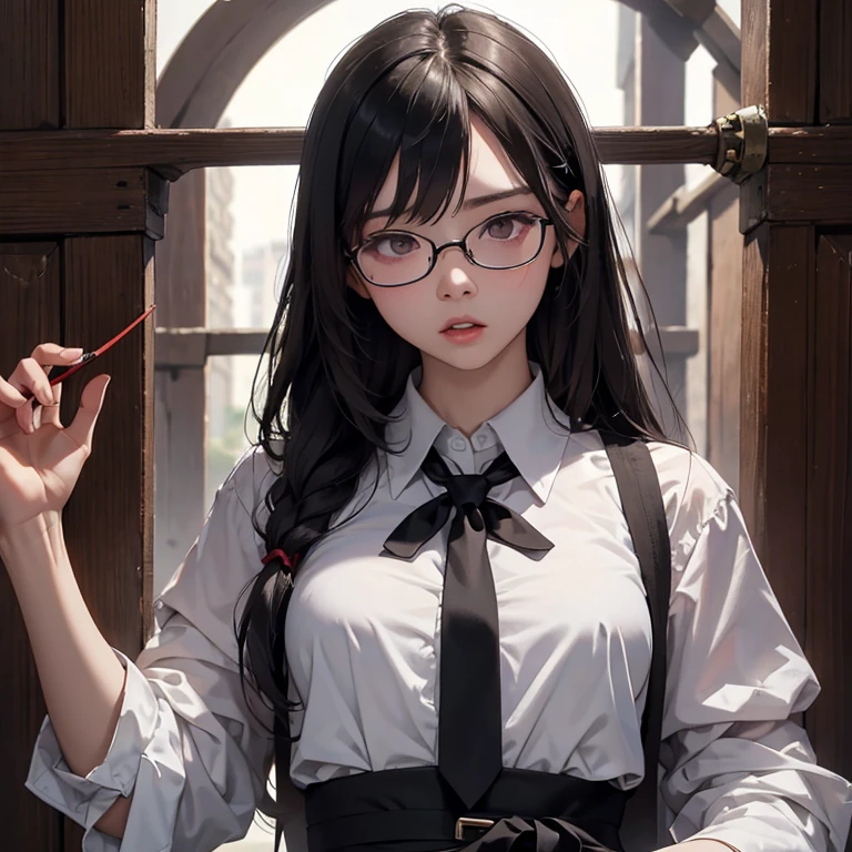 Highest quality、masterpiece、High sensitivity、High resolution、Detailed Description、Slender women、Glasses、The body is tied up、Frightened expression、