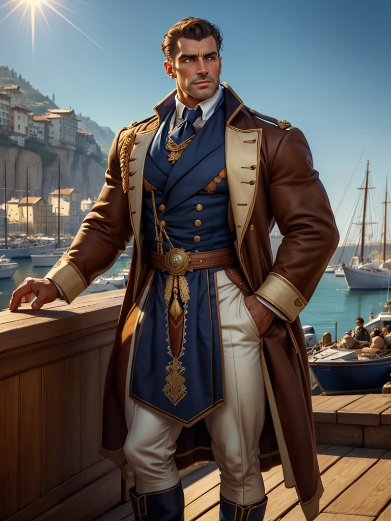 masterpiece stunning beautiful tanned masculine man, wearing regency navy uniform, no hat, ((sunny harbor background)), black very short hair, perfect, big and detailed blue eyes, resemblance to henri cavil, harmonic and detailed face, full body, cover, hyperdetailed painting, luminism, Bar lighting, complex, 4k resolution concept art portrait by Greg Rutkowski, Artgerm, WLOP, Alphonse Mucha: a stunning realistic photograph 30 years