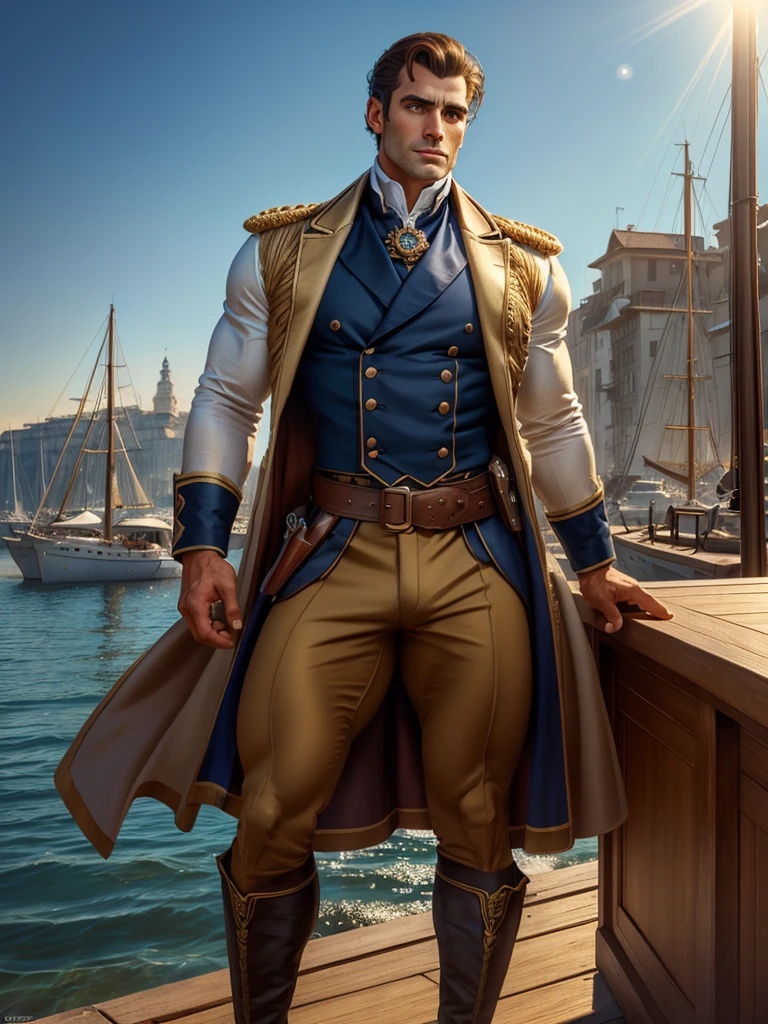 masterpiece stunning beautiful tanned masculine man, wearing regency navy uniform, no hat, ((sunny harbor background)), black very short hair, perfect, big and detailed blue eyes, resemblance to henri cavil, harmonic and detailed face, full body, cover, hyperdetailed painting, luminism, Bar lighting, complex, 4k resolution concept art portrait by Greg Rutkowski, Artgerm, WLOP, Alphonse Mucha: a stunning realistic photograph 30 years