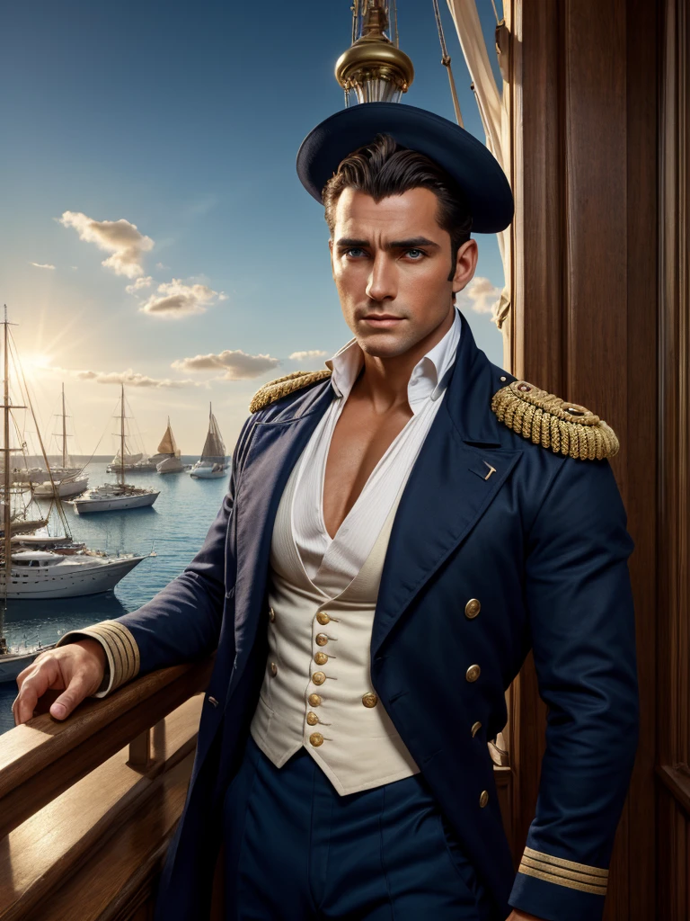 masterpiece stunning beautiful tanned masculine man, wearing regency navy uniform, no hat, ((sunny harbor background)), black very short hair, perfect, big and detailed blue eyes, resemblance to henri cavil, harmonic and detailed face, full body, cover, hyperdetailed painting, luminism, Bar lighting, complex, 4k resolution concept art portrait by Greg Rutkowski, Artgerm, WLOP, Alphonse Mucha: a stunning realistic photograph 30 years