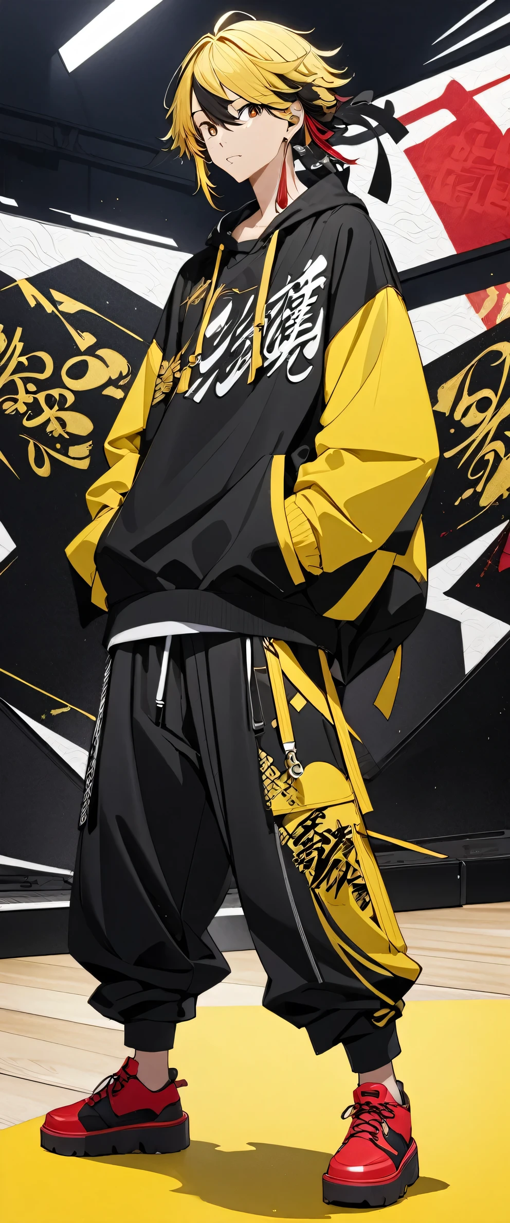 PHOTO OF AN ANIME CHARACTER NAMED "KAZUTORA" WITH YELLOW HAIR MIXED WITH BLACK WITH HIP-HOP CLOTHES, AS WELL AS HIP-HOP FLOOR TROUSERS, RED FLOPS AND AN ABSTRACT CALLIGRAPHY BACKGROUND.