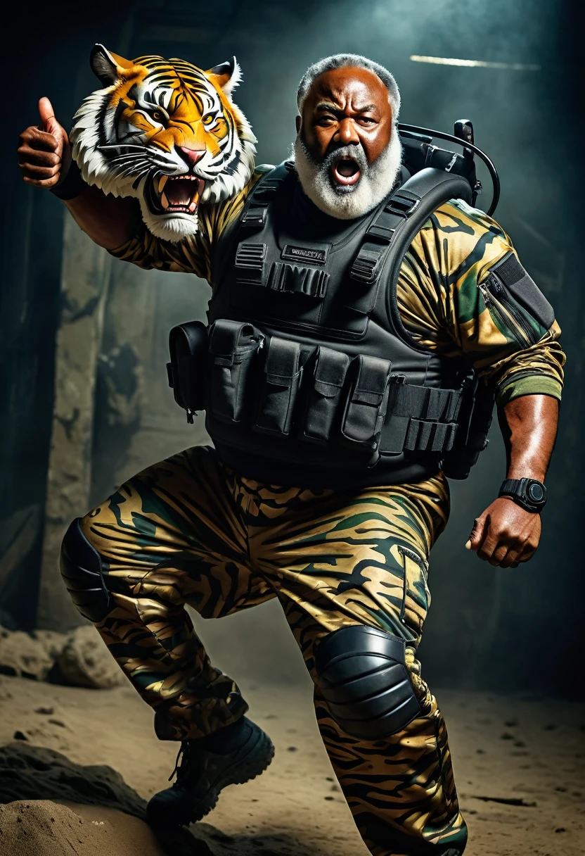 (a dark-skinned bearded fat muscular old man in a bulky army camouflage zipper diver suit) carrying a gun, (wearing realistic roaring tiger mask), dynamic action pose, fierce expression, showcasing an imposing stature, surrounded by military elements, dramatic shadows and intense highlights, cinematic color tones, high detail, powerful, art influenced by Bruce Onobrakpeya and Stanley Artgerm, ultra-detailed, best quality image, action-packed atmosphere. thumbs up pose, carrying the mask with left hand