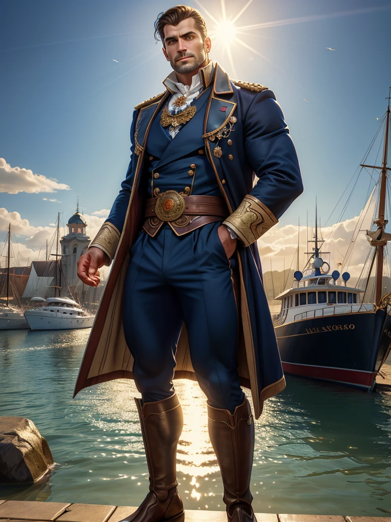 masterpiece stunning beautiful tanned masculine man, wearing regency navy uniform, no hat, ((sunny harbor background)), black very short hair, perfect, big and detailed blue eyes, resemblance to henri cavil, harmonic and detailed face, full body, cover, hyperdetailed painting, luminism, Bar lighting, complex, 4k resolution concept art portrait by Greg Rutkowski, Artgerm, WLOP, Alphonse Mucha: a stunning realistic photograph 30 years