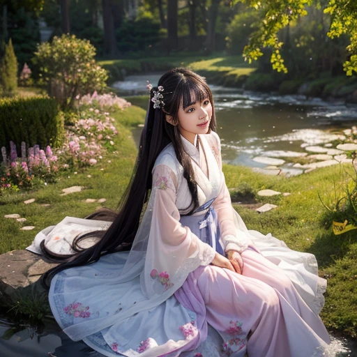 best quality, Delicate face，beautiful visual work, lifelike, eternity, black hair, Long curly hair, blunt bangs, Smile, Detailed Background, Delicate face，blush，cold，((masterpiece))、(top quality)、8k、high detail、Super detailed，21 years old female，身穿唐制Hanfu、waist skirt, Clothes are light and fluffy，Hanfu, wide sleeves, Transparent sleeves, Tunic, Clothes made of chiffon, Seductive and whimsical style、masterpiece、born、Scenes resembling fairy tale illustrations、intricate details和複雜的設計、Beautifully、magic、capricious、 Beautifully、Dream aesthetics、「𝓡𝓸𝓶𝓪𝓷𝓽𝓲𝓬、ethereal、charming、fickle、magic」、realism、Visual effects、FXAA、SSAO、Shader、voiceless、ambient lighting、Tone mapping、High resolution、Ultra high quality、Million pixels、(8K resolution:1.10)、8k、8k以下、8K resolution、high detail、intricate details， (high quality:1.2、masterpiece:1.2、:1.21)、(21 years old female:1.21)、(興奮地Smile)、(被dream般的氛圍所包圍、Model diagram，full-body shot，Normal 2 feet，Put your hands behind you，The protrusion of the breast is visible when wearing clothes, Large Breasts, H cup chest, antiquity, Xian Xia, gauze clothes, Soft and fluttering, Fairy, dream, fantasy, light, Elegant, nature, Immortal, romantic, classical, ribbon, light purple clothes, By the stream