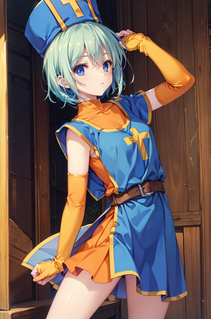 priest \(dq3\),orange bodysuit,mitre,tabard,elbow gloves,​masterpiece,Top image quality,Best Quality