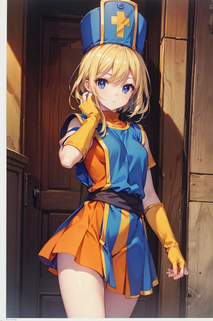 priest \(dq3\),orange bodysuit,mitre,tabard,elbow gloves,masterpiece,Top image quality,Best Quality