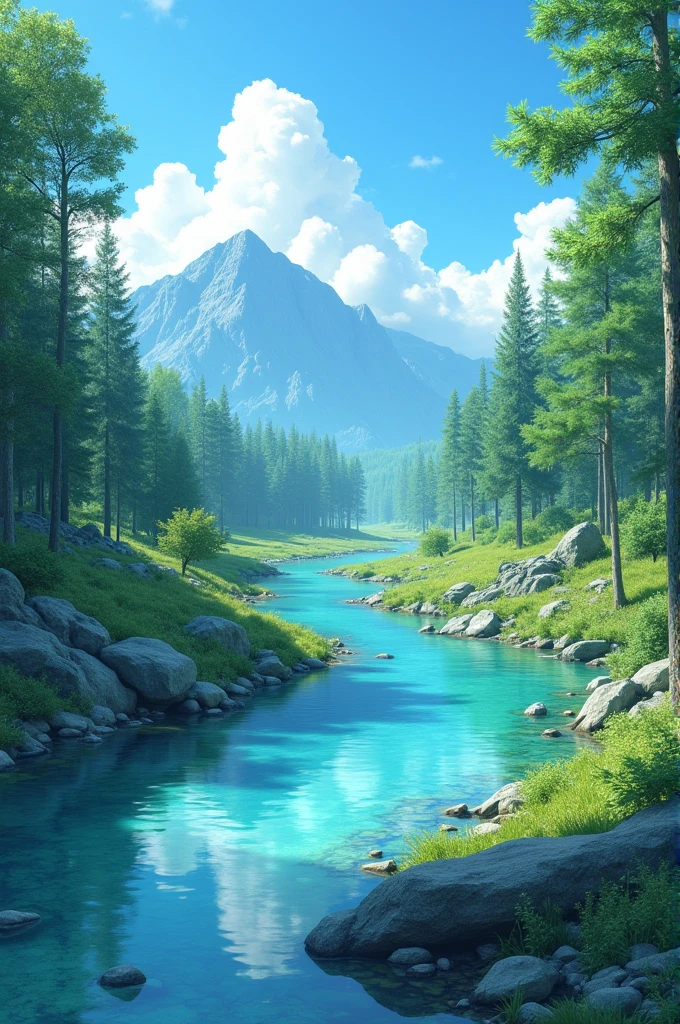 landscape, summer, Clear Stream, forest, unmanned, river, Blue sky, nobody, Mountains in the distance, High resolution details, Extremely detailed, Movie, Surrealism, Soft Light, Deep Focus Bokeh, Ray Tracing, Surrealism. , Art Station pixiv Gwise, Shinkai Makoto, Bid Type