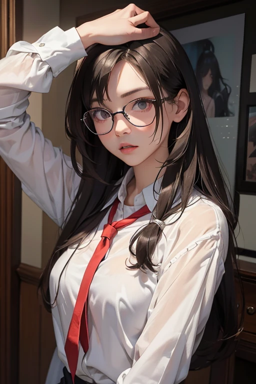 fullnude,1 girl,A cute girl wearing glasses opens her shirt and exposes her breasts,looks like that&#39;i&#39;I&#39;m so embarrassed I feel like crying,Black hair braid,red blush,Teary-eyed,Colossal tits,Beautiful small nipple,Sweaty skin,White shirt exposed,photorealisim,​masterpiece