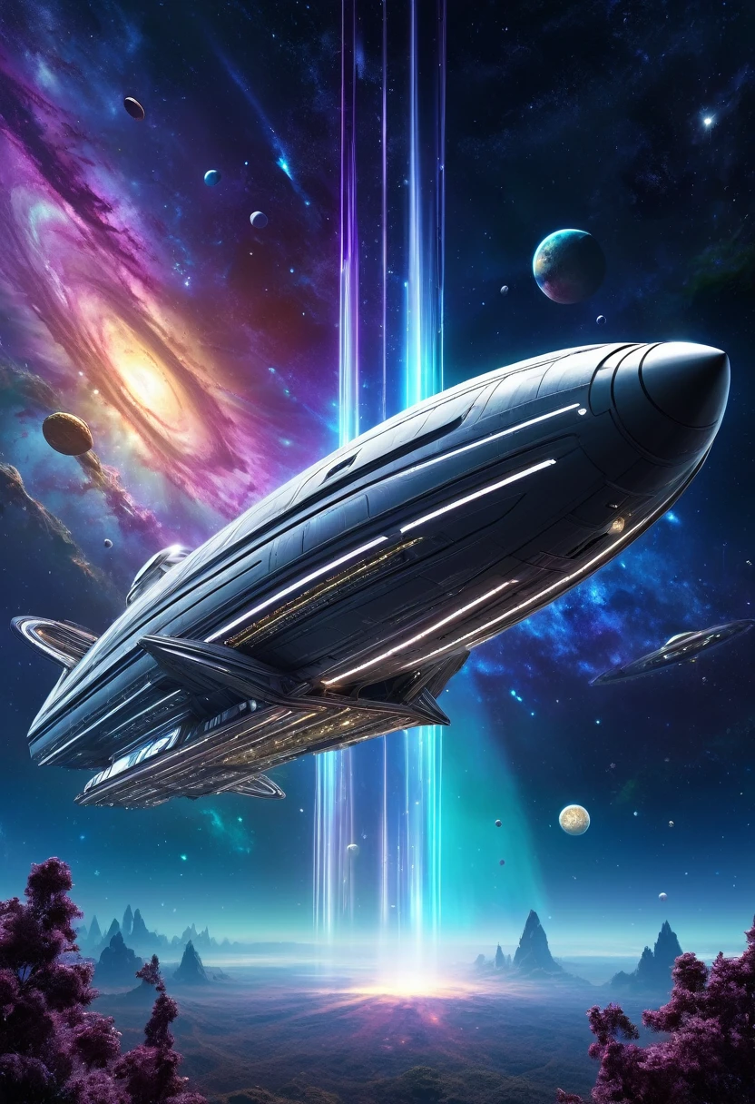 conceptual installation fantasy art, (huge spaceship:1.1), background galaxy, cosmic rays, shading effects, gradation magic effects, (ultra detailed, absolutely resolution, best quality:1.3), 2.5D, delicate and dynamic, artistic photography, hyper realistic, graphic CG digital art
