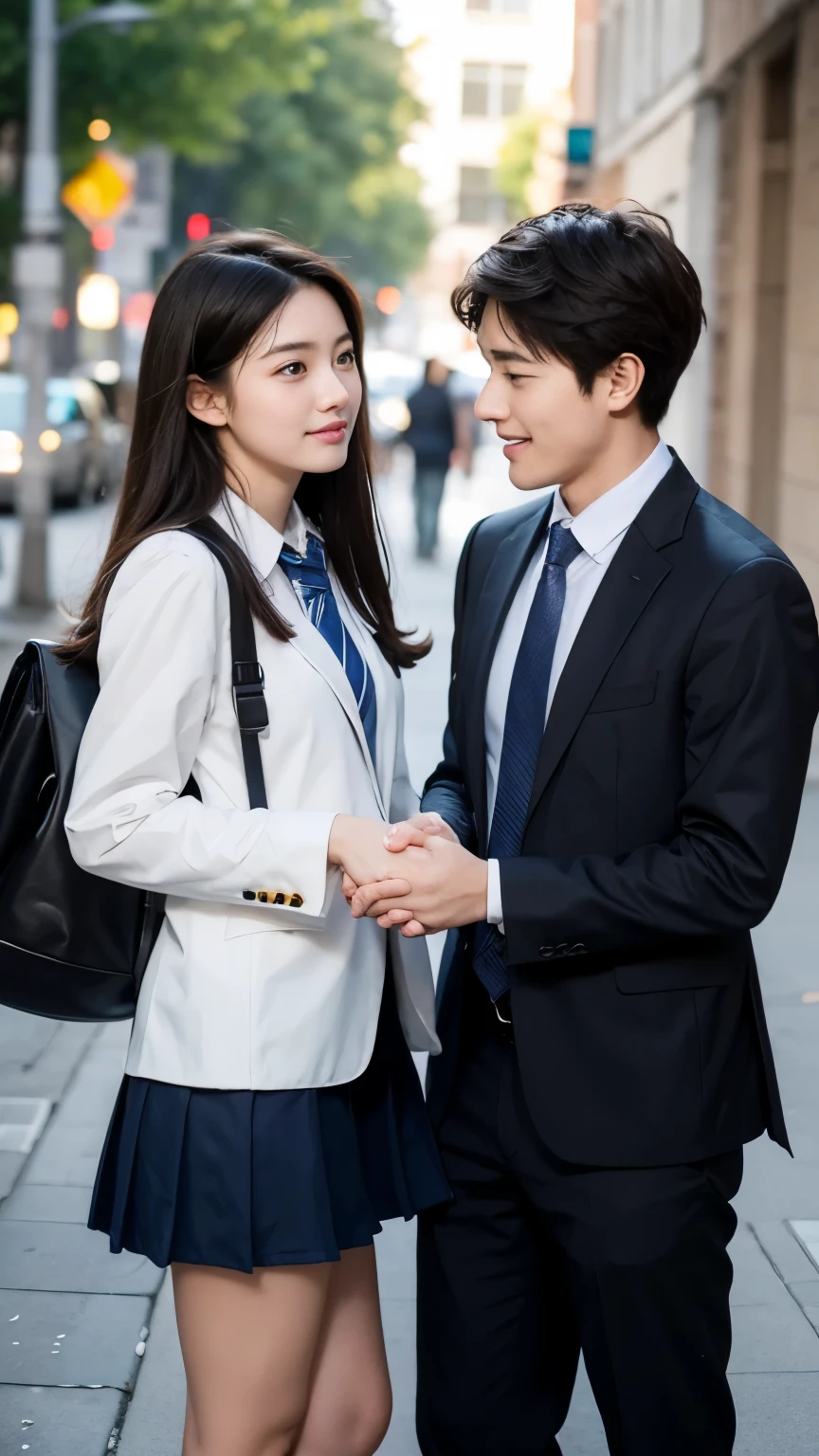 man and woman ,pair , beautiful face , holding hands pose , wearing school clothes,school background,