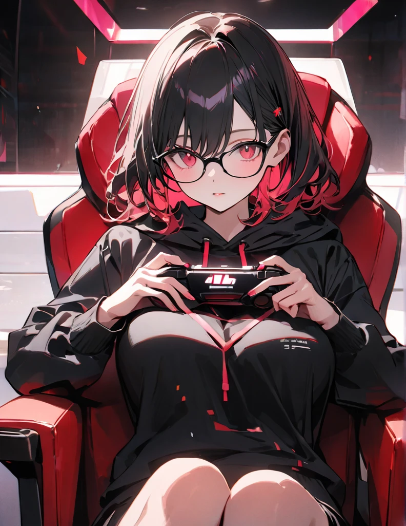 anime、Digital Art、Flat Design、Big Breasts、I can see your chest、Sitting in a gaming chair、Playing a game、Wearing a black hoodie、wearing black glasses、whole body、uhd, (masterpiece:1.2), best quality, highres, award winning, high details、Her hair is color pink&red