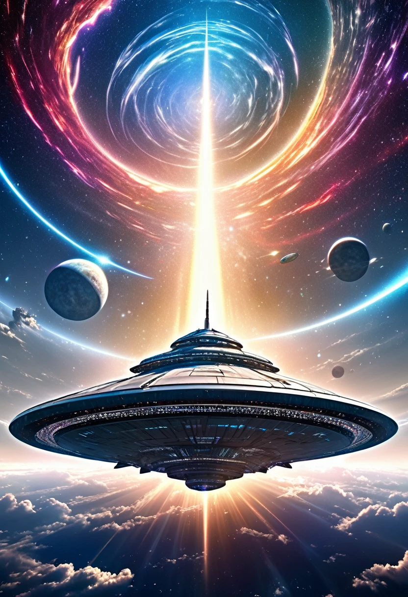 conceptual installation fantasy art, (huge spaceship:1.1), background galaxy, cosmic rays, shading effects, gradation magic effects, (ultra detailed, absolutely resolution, best quality:1.3), 2.5D, delicate and dynamic, artistic photography, hyper realistic, graphic CG digital art