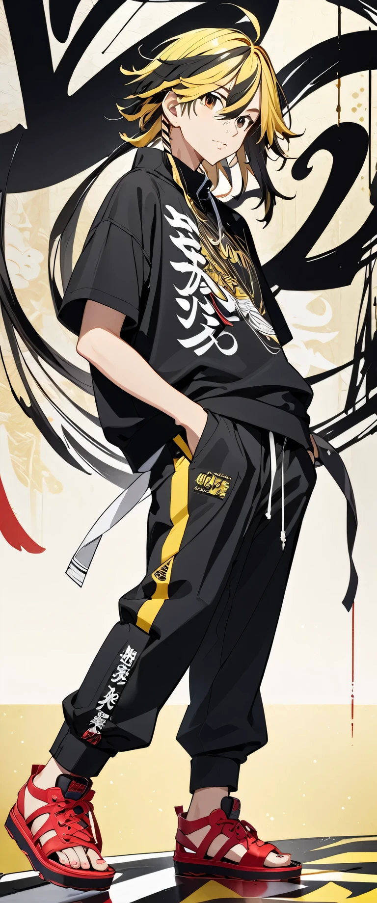 PHOTO OF A YOUNG ADULT ANIME CHARACTER NAME "KAZUTORA" WITH YELLOW HAIR MIXED WITH BLACK WITH HIP-HOP CLOTHES, AS WELL AS HIP-HOP FLOOR TROUSERS, RED FLOPS AND AN ABSTRACT CALLIGRAPHY BACKGROUND.