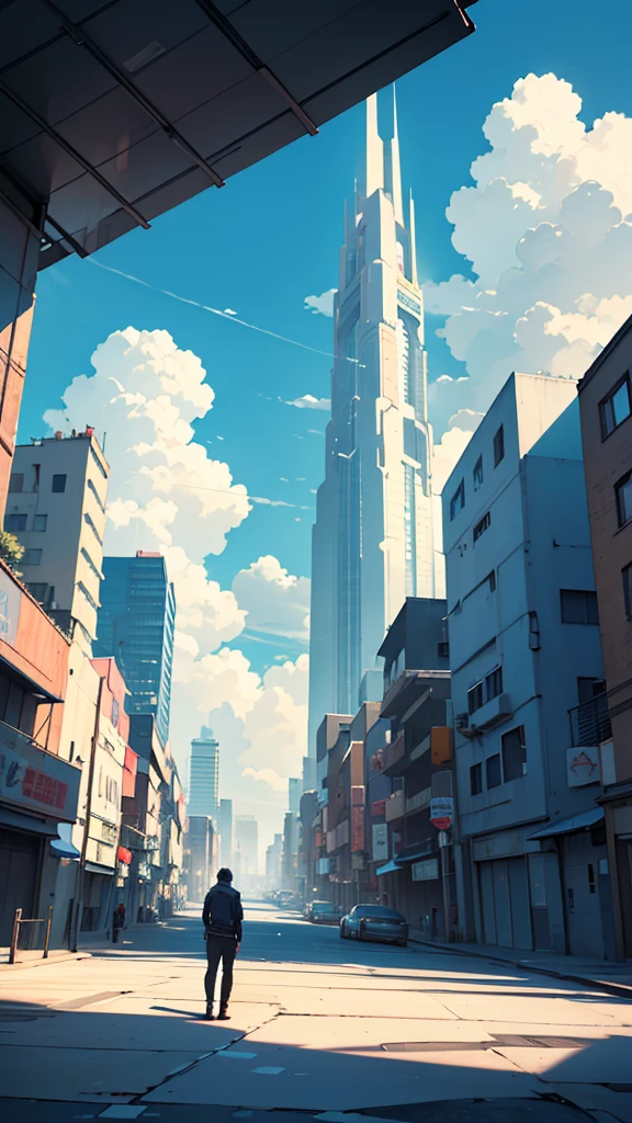 A vast landscape photo (view from below, with sky and buildings visible) There is a young man looking up at the sky. Street fashion, distant buildings, large cumulonimbus clouds, clear blue, (Detail: 1.4) (Best Quality: 1.4), 8K, Overwhelming writing, Very delicate (dynamic composition) illustration reminiscent of 80s anime.