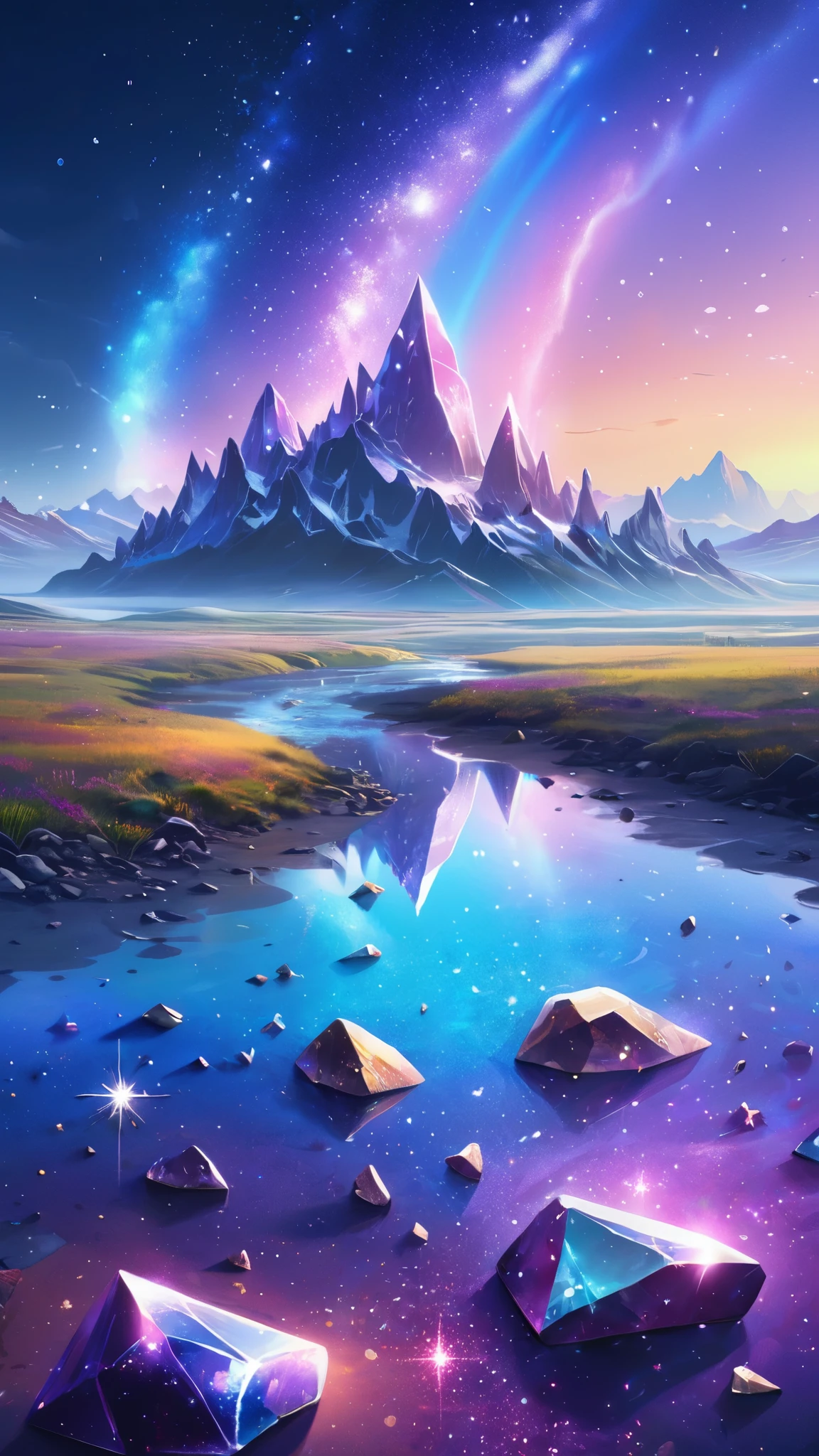 Pastel rainbow sky、A glittering view、Fantastic landscape、Vast horizon、The ground is full of crystal ore、Realistic texture、Overall bright、Sparklingがたくさんある、high resolution、Sparkling、Many stars are scattered、Healing Art、Everyone's luck improves、May the wounds in your heart be healed