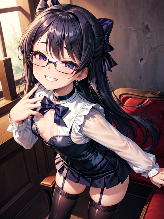(Highest quality: 1.3), (masterpiece: 1.3), (Very detailed: 1.3), (Best Shadow: 1.1)、(One Girl: 1.1)、(Detailed hands and fingers:1.2)、(super oily, Highly detailed glossy skin:1.2)、Anime 2D Rendering, Realistic young anime woman,
Perfect Face, Beautiful details, Beautiful body, Beautiful thighs, (Small breasts:1.3)、Beautiful legs, White beautiful skin, Baby Face、 、
Dark purple hair、(Semi-long hair、White ribbon), Sparkling Blue Eyes、double eyelid、
(Black choker:1.2)、White shirt with collar and buttons、(Beautiful dark blue suit vest:1.4)、(Dark blue tight skirt:1.4)、(Black knee-high stockings:1.3)、(High heels:1.3)、Earrings、(Red-rimmed glasses:1.2)、
Wicked Smile、((Grin))、A beautiful face and a charming smile,Turn your face and body towards the viewer、Sexy pose、Are standing、The whole body is visible、Oblique view、
garden、bench、
