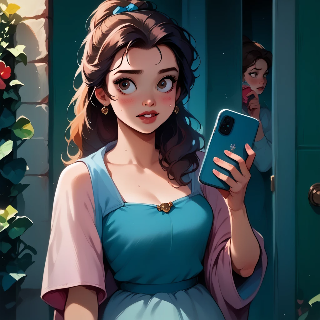 score_9_presence, score_8_up, Belle, wrapped in towel, medium breasts, holding phone