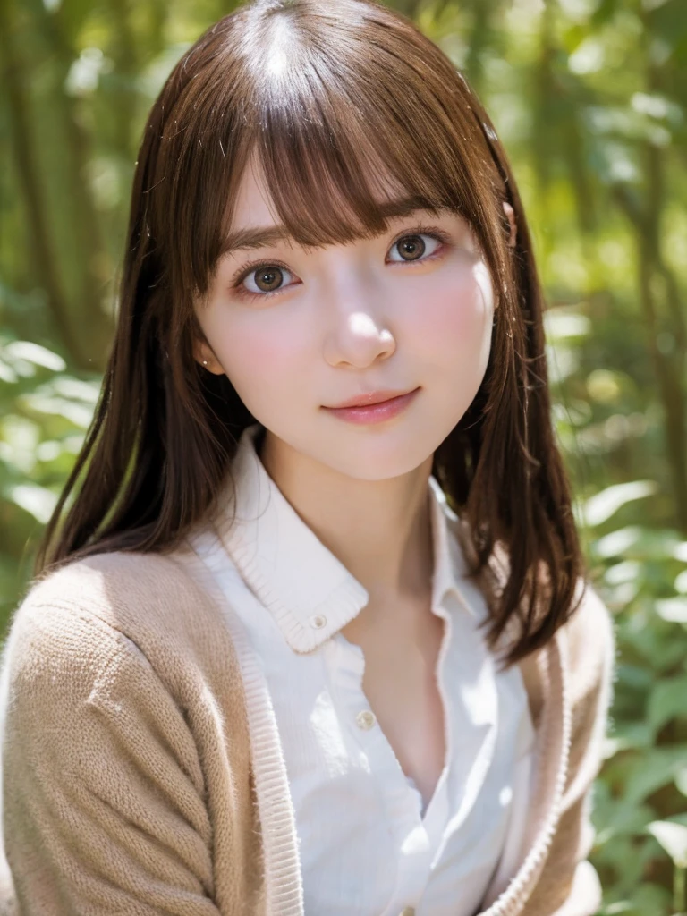 One Girl, (beautiful girl, Delicate girl:1.3), (************:1.3),
break, (Cardigan Costume:1.3),
break, (Sitting in the forest:1.2),
break, Very beautiful eyes, (Symmetrical eyes:1.3),
break, Small breasts, Brown eyes, Parted bangs, Brown Hair, (Upper teeth, The best smile:0.2),
break, (Eye and facial details:1.0),
break, (masterpiece, Highest quality, Very detailed, Detailed face, 8k)