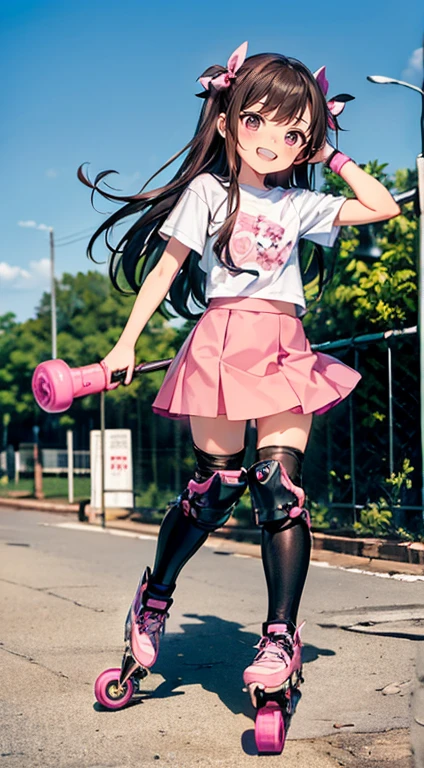 Highest quality、((Dark brown long hair、Two Side Up))、(((Pink Roller Blades、Elbow and knee protectors)))、Short sleeve shirt、Smiling cute junior high school girl、Knee-length skirt、Round droopy eyes