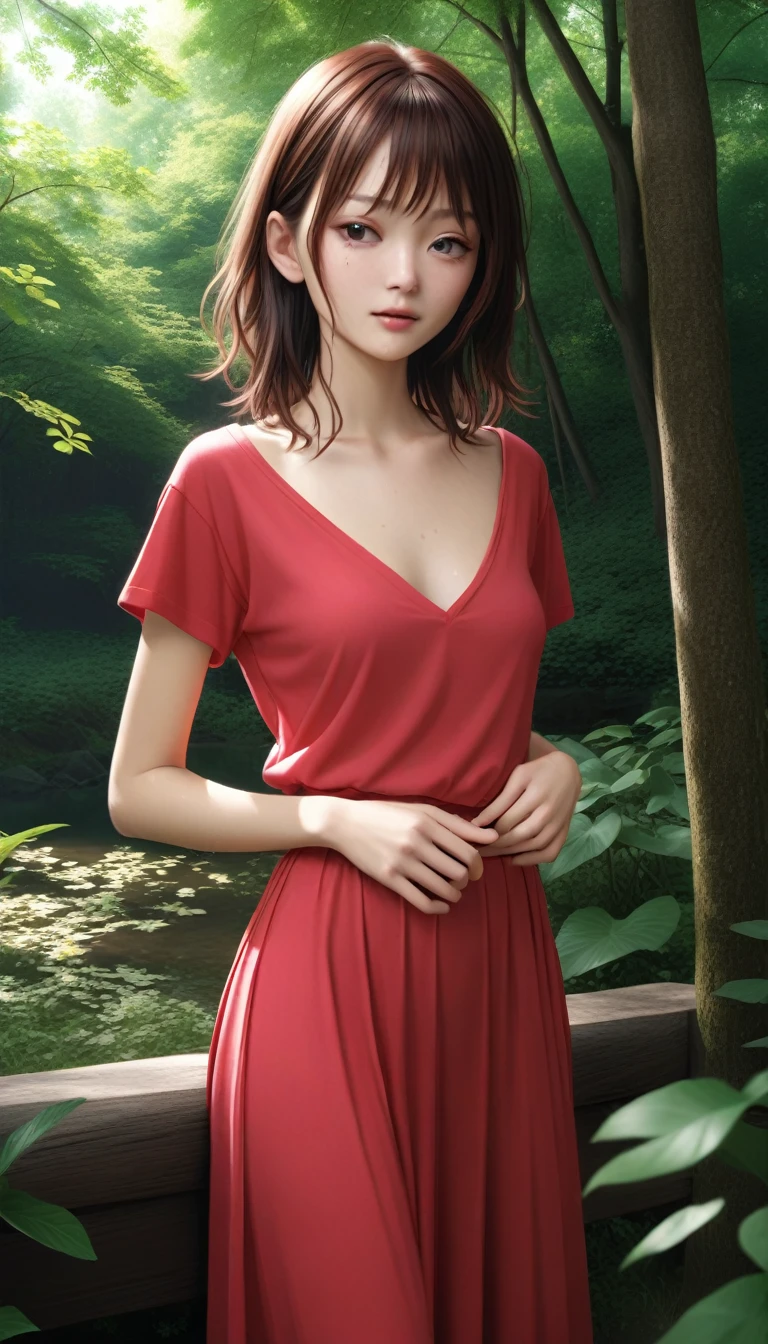 Portrait, (((photorealistic portrait))), (((hyperrealistic portrait))). Beautiful (sexy young woman), long dark hair, (beautiful face), (((correct anatomy, correct body proportions))), correct hands, correct hands, correct hands, ((beautiful hands)), ((smooth fingers)), (dressed) in red (((erotic lace transparent dress))), against the backdrop of a lake in the garden, a garden with beautiful flowers on the branches of trees, a beautiful sky, 8k uhd, dslr, soft lighting, quality, film grain, Fujifilm XT3