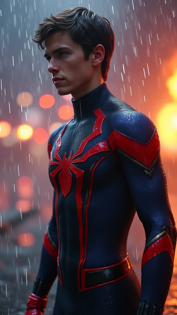 Tom Holland Spider Man.It is raining. The background is a cacophony of fire and lightning and he is injured. He is wearing the secret wars suit. It is raining.black and blue all over the suit with red lining, he has short hair