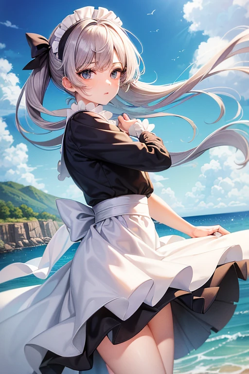 (master_piece, high_quality, beautiful, super delicate, absurdres:1.2), 1girl, mature, , beautiful face, ahoge, hair fluttering in the wind, white hair, blue eye, (long maid suit, long skirt, The wind is blowing, Skirt flipped up, I can see your underwear, skirt that flipped in the wind, skirt billowing, I can see your underwear, wind lift:1.2), port, (clear water, gemstone sea:1.2), Ship in the distance, The trails that planes make, blue sky, Sunshine, street in the distance,