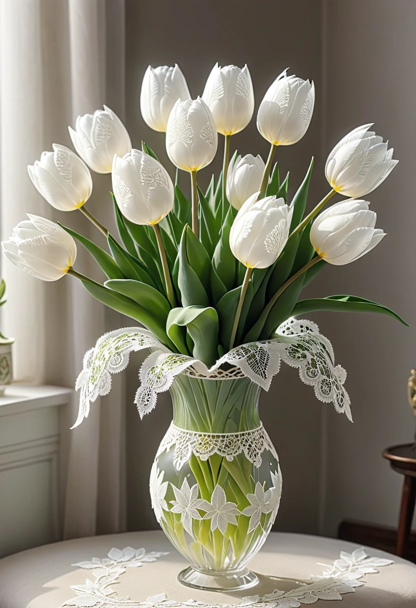 White laceで出来たTulip, Beautiful lace Tulip, Lace Tulip for room decoration, indoor, White lace, Very delicate lace, best quality:1.2, 4K, 8K, Very detailed, High Detail, masterpiece:1.2