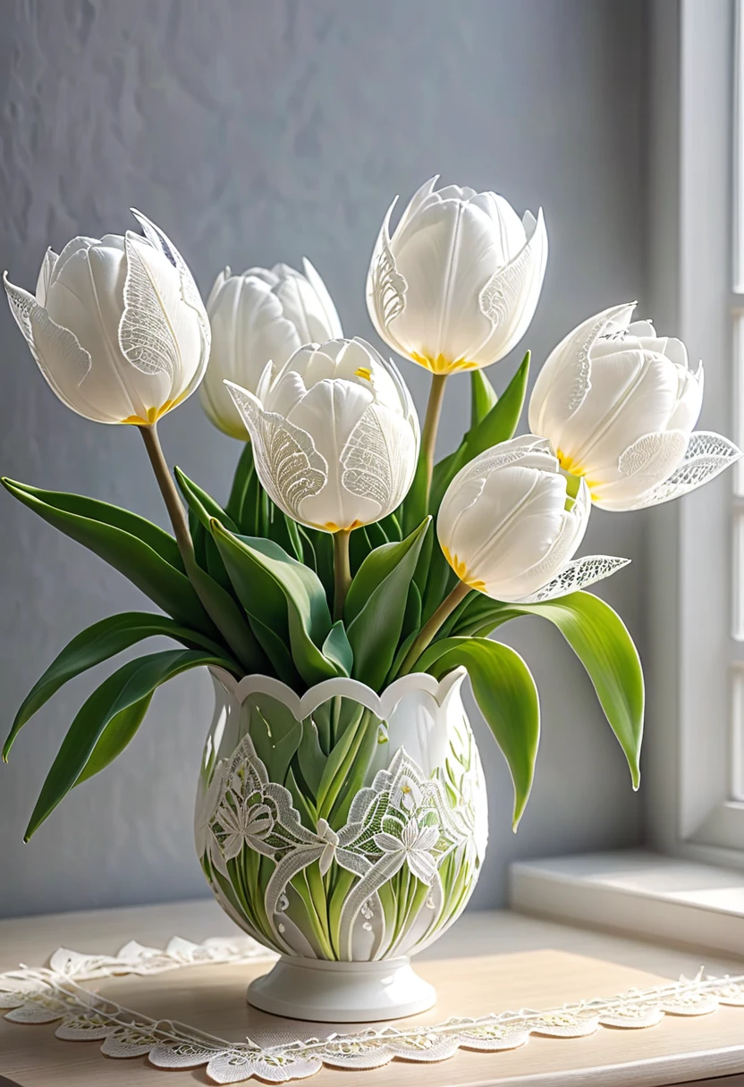 White laceで出来たTulip, Beautiful lace Tulip, Lace Tulip for room decoration, indoor, White lace, Very delicate lace, best quality:1.2, 4K, 8K, Very detailed, High Detail, masterpiece:1.2