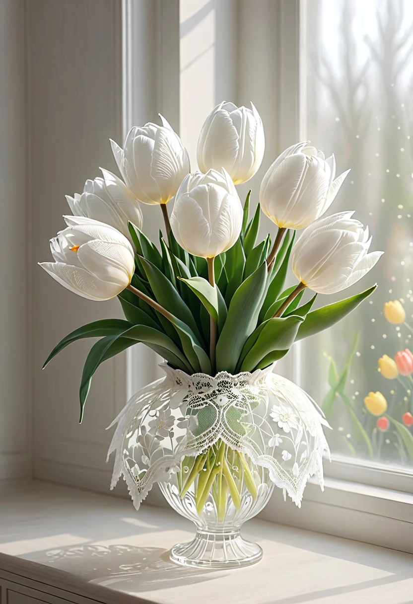 White laceで出来たTulip, Beautiful lace Tulip, Lace Tulip for room decoration, indoor, White lace, Very delicate lace, best quality:1.2, 4K, 8K, Very detailed, High Detail, masterpiece:1.2