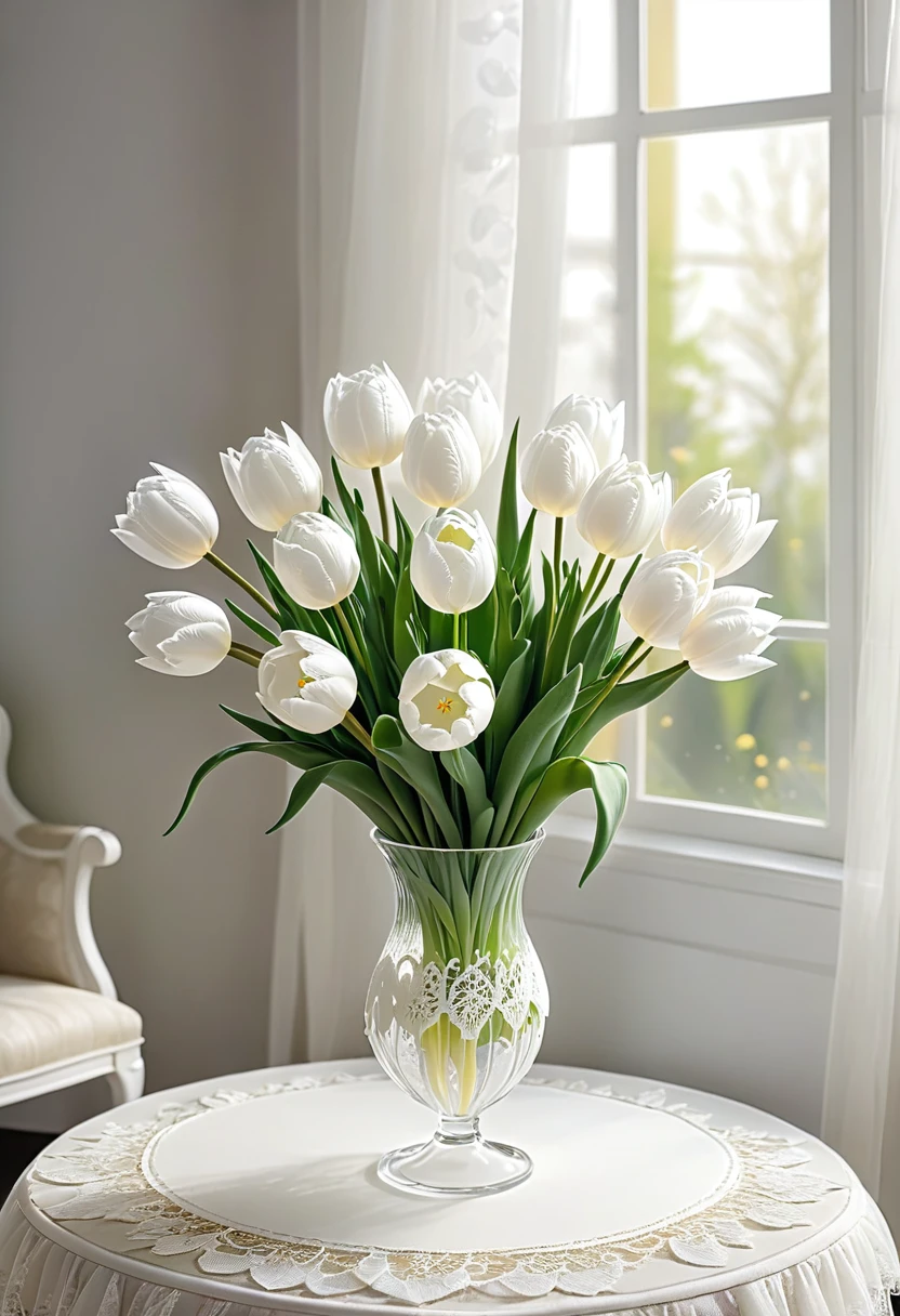 White laceで出来たTulip, Beautiful lace Tulip, Lace Tulip for room decoration, indoor, White lace, Very delicate lace, best quality:1.2, 4K, 8K, Very detailed, High Detail, masterpiece:1.2