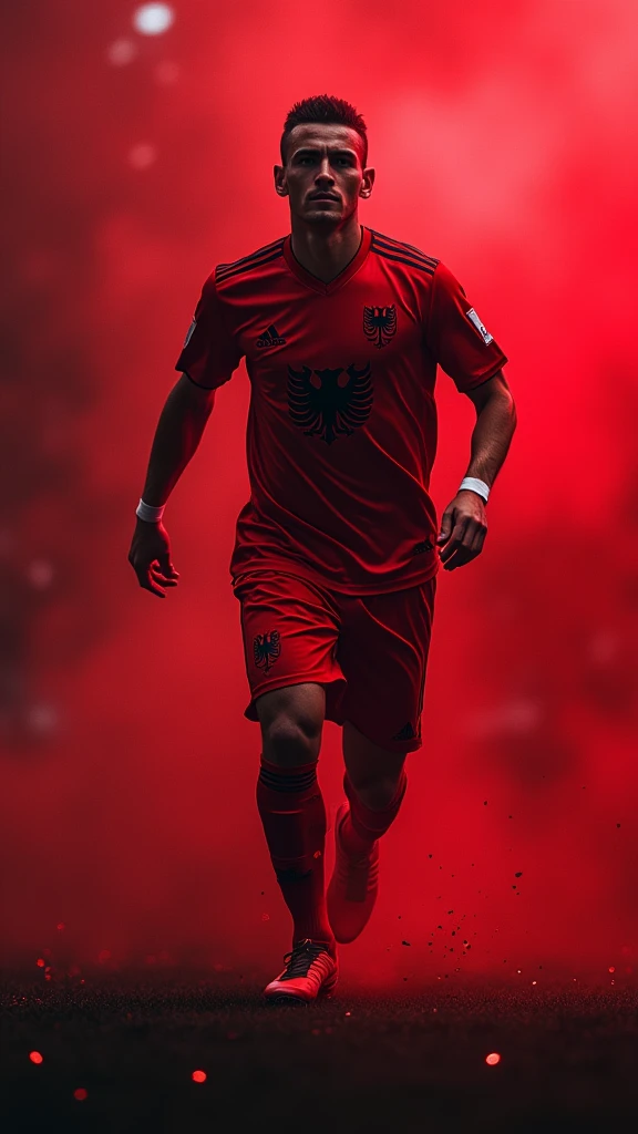 Etrit Berisha football player, Albania football player, Albanian flag , red and black colors only, abstract, high quality, UHD, Luminous Studio graphics engine, bleed red, black and bright light, octane render, cloudy haze, fiery members 