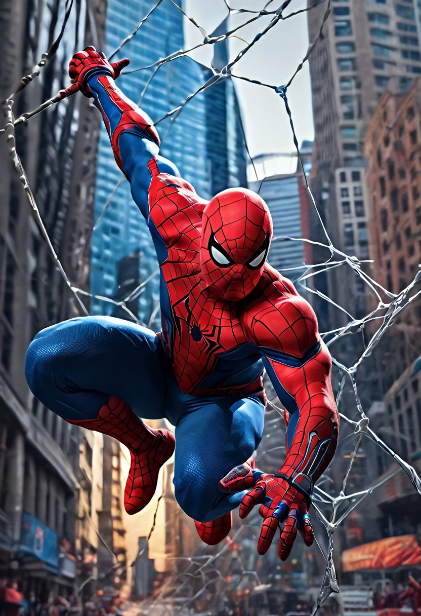 spiderman robotic suit,red,white,blue,(best quality,4k,8k,highres,masterpiece:1.2),ultra-detailed,(realistic,photorealistic,photo-realistic:1.37),HDR,UHD,studio lighting,extremely detailed suit design,vivid colors,sharp focus,physically-based rendering,advanced robotics technology,energetic and dynamic posture,cityscape background,superhero action scene,vibrant red and blue color scheme,lifelike texture and reflections,glowing eyes and web patterns,attention to small details,metallic finish,high-tech accessories and gadgets,powerful and agile,urban environment,iconic spider logo,impressive light and shadow effects,action-packed battle scene,fluid and dynamic movement,impressive web-swinging skills,attention-grabbing composition,futuristic and stylish design,impressive acrobatic stunts,attention to anatomy and musculature,emerging from a powerful web,heroic stance,awe-inspiring superhero,enhanced strength and agility,vibrant and captivating artwork.