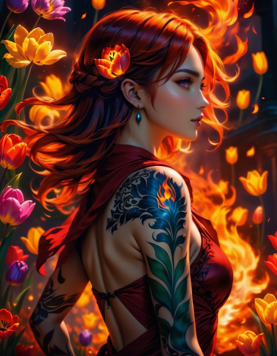 Arafed, Dark fantasy art, fantasy art, goth art, a picture of a tattoo on the back of a female elf, a glowing tattoo of a ((tulip: 1.3)) on the elf's back, the ((tulip tattoo: 1.3)) is vivid, intricate detailed,  GlowingRunesAI_purple, ((fire surrounds the tulip: 1.5)), shot taken from the back, ((the back is visible: 1.3), she wears a transparent red dress, the dress is elegant, flowing, elven style, that the tattoos glow, dynamic hair color, dynamic hair style,  vibrant, Ultra-high resolution, High Contrast, (masterpiece:1.5),  highest quality, Best aesthetics, best details, best quality, highres, 16k, (ultra detailed: 1.5), masterpiece, best quality, (extremely detailed) RAW, (ultra details, Masterpiece, best quality) faize, Digital Painting, 