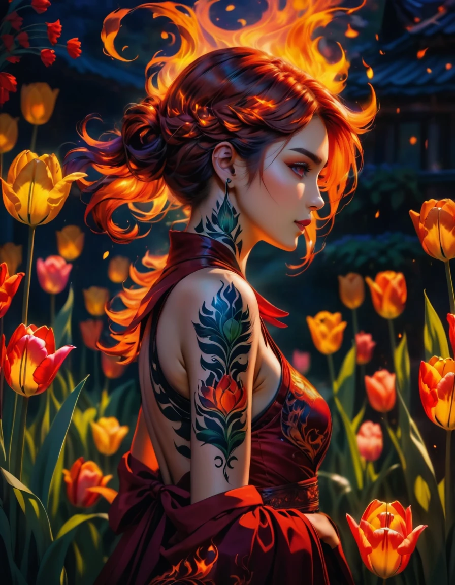 Arafed, Dark fantasy art, fantasy art, goth art, a picture of a tattoo on the back of a female elf, a glowing tattoo of a ((tulip: 1.3)) on the elf's back, the ((tulip tattoo: 1.3)) is vivid, intricate detailed, GlowingRunesAI_purple, ((fire surrounds the tulip: 1.5)), shot taken from the back, ((the back is visible: 1.3), she wears a transparent red dress, the dress is elegant, flowing, elven style, that the tattoos glow, dynamic hair color, dynamic hair style, vibrant, Ultra-high resolution, High Contrast, (masterpiece:1.5), highest quality, Best aesthetics, best details, best quality, highres, 16k, (ultra detailed: 1.5), masterpiece, best quality, (extremely detailed) RAW, (ultra details, Masterpiece, best quality) faize, Digital Painting,