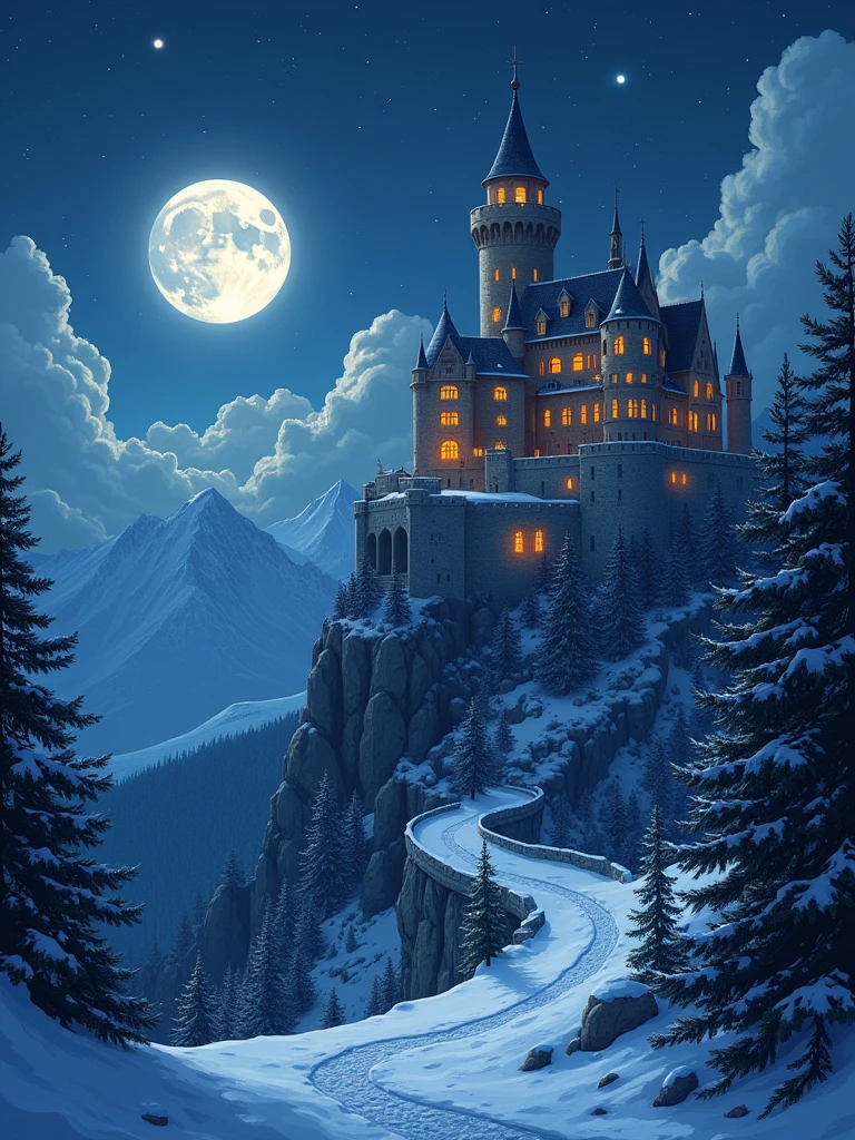 A captivating night scene illustration featuring a grand yet comfortable fortified castle standing tall on a rocky and snowy mountain. The castle, adorned with multiple windows, emits a warm glow, highlighting its intricate architecture and rich history. The snow mountain is covered in great pine trees, reflecting on the calm, moonlit snow that mirrors the silvery moonlight. The full moon graces the sky, casting an ethereal glow on the clouds and mountain, while wispy clouds partially obscure its brilliance, adding to the scene's mystique. Twinkling stars dot the sky, creating a celestial tapestry that harmonizes with the moon's radiance. This enchanting artwork captures a serene and peaceful night, where the illuminated castle stands resolute amidst the celestial beauty, creating a cinematic experience., illustration, cinematic