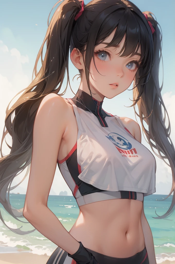 Brown skin girl,medium skin tone, anime girl, athlete, long hair, beautiful woman,perfect body,perfect face, 8 k realistic,hyper detailed,smooth,black hair,green eyes, hourglass body