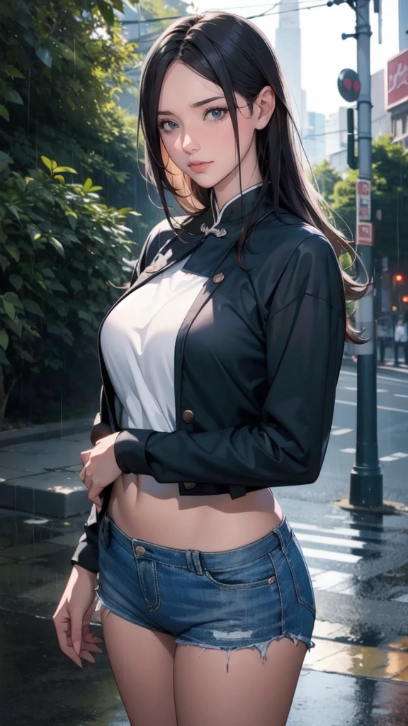 ((high-definition images, masterpiece, atmospheric perspective, 8k, super detail, accurate, best quality, single shot)), (((a westerner cute women with masturbation))), (casual style), jacket, unbuttoned shirt, swollen areoles, (round face, eyes realistic sizing, drooping eyes, blush, smile), (((standing and spread legs, focus on pubic hair))), (on the grass in the park downtown, skyscrapers), braid hair, tiny earrings, thin necklace, (light makeup), ((glasses with round shape)),