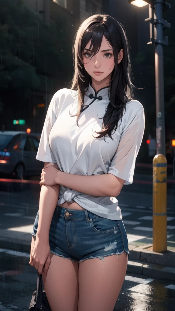 High resolution, Highest quality, super high quality, Very detailed, 8K、Embarrassing、Sweaty、Sweat、Embarrassing、(masterpiece:1.2, Highest quality), (Realistic, photoRealistic:1.4), Beautiful illustrations, (Natural Side Lighting, Cinema Lighting), View your viewers, whole body, 1 Girl, Japanese, high school girl, Perfect Face, Cute and symmetrical face, Shiny skin, Baby Face, (,Black Hair)black eye, Big eyes, Droopy eyes, (Center of chest, Captivating thighs, Big Ass)