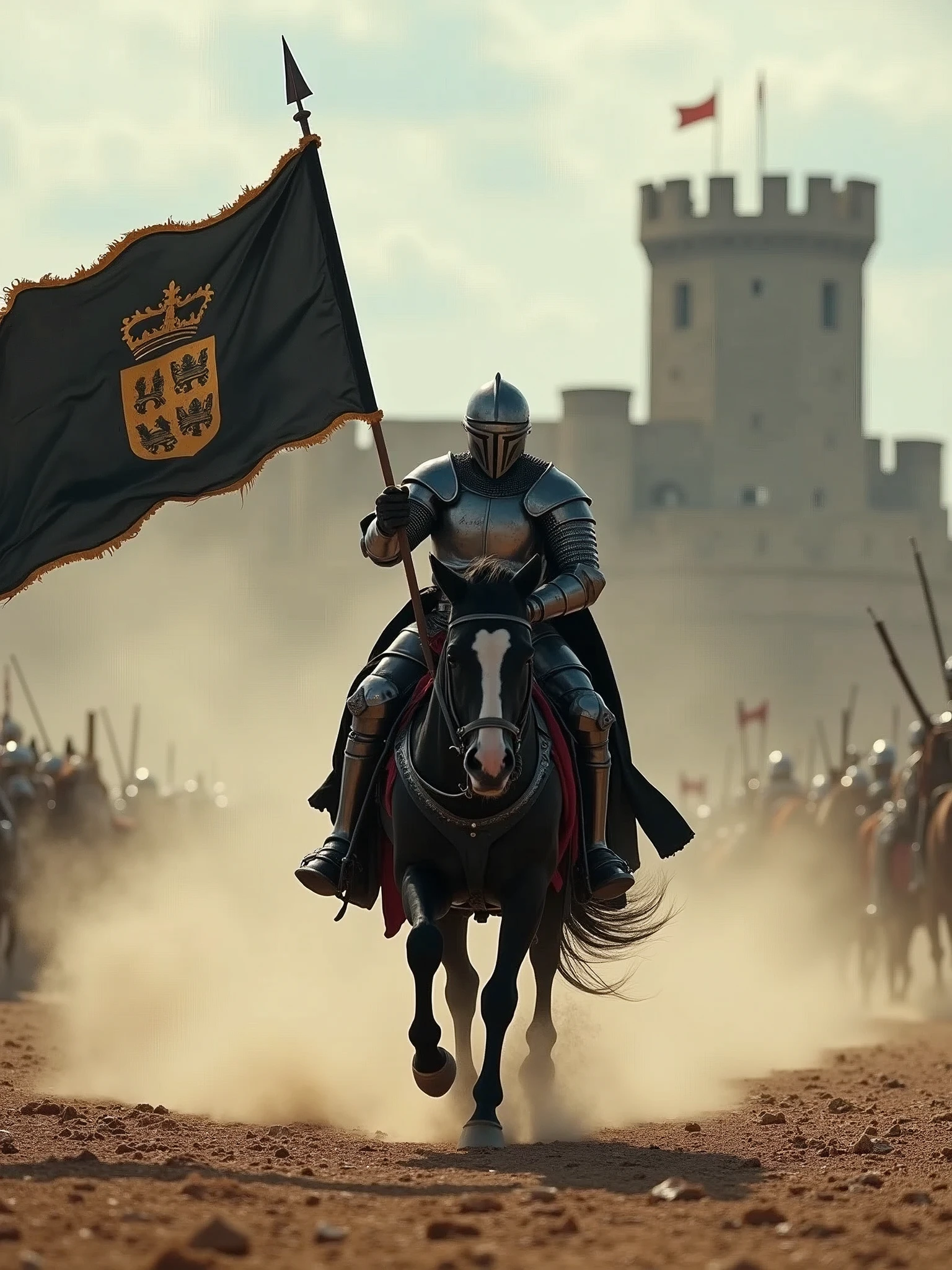 dramatic and intense scene, a valiant knight in full armor charging forward on a powerful black horse across a dusty battlefield, the knight holding a tattered black flag emblazoned with a royal crest, In the background a medieval castle looms against the barren, rocky landscape, high stakes and fierce conflict, Dust billows around the charging horse, emphasizing the speed and urgency of the scene,