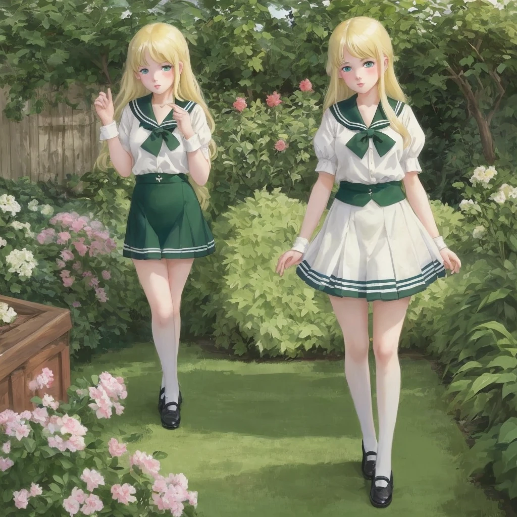 3 girls, long hair, Big , Blushing, blond, Green-eyed sailor suit short skirt 1933 style cute and beautiful girl 18 years old in the garden 美麗的長腿