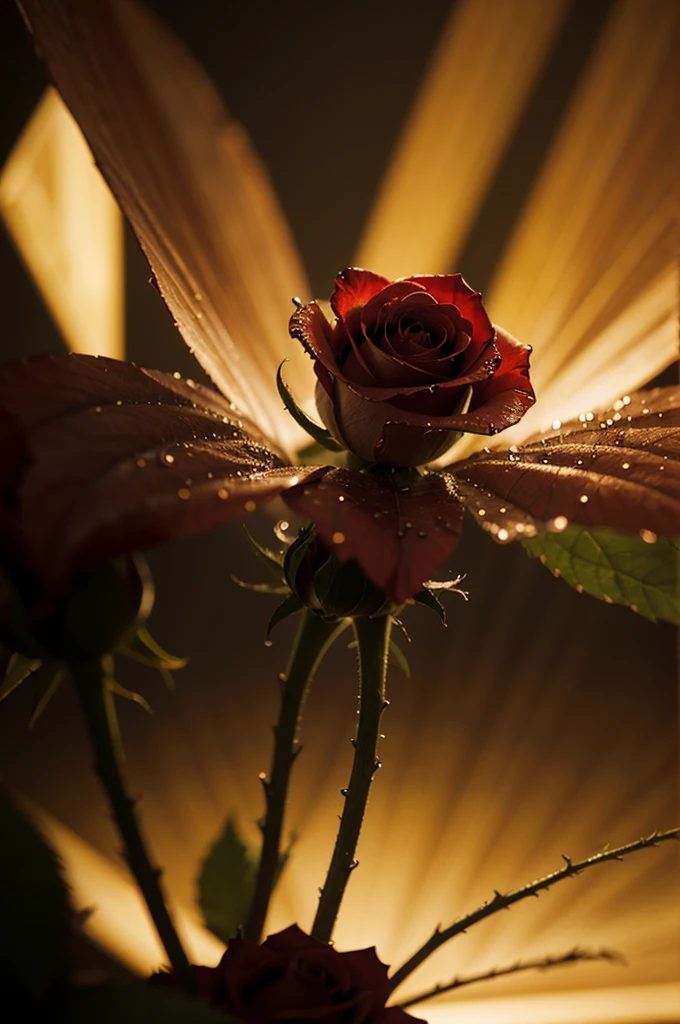 macro photography, dark red rose, morning dew, golden hour, god rays, Hyperrealistic art cinematic film still photography in the style of detailed hyperrealism photoshoot