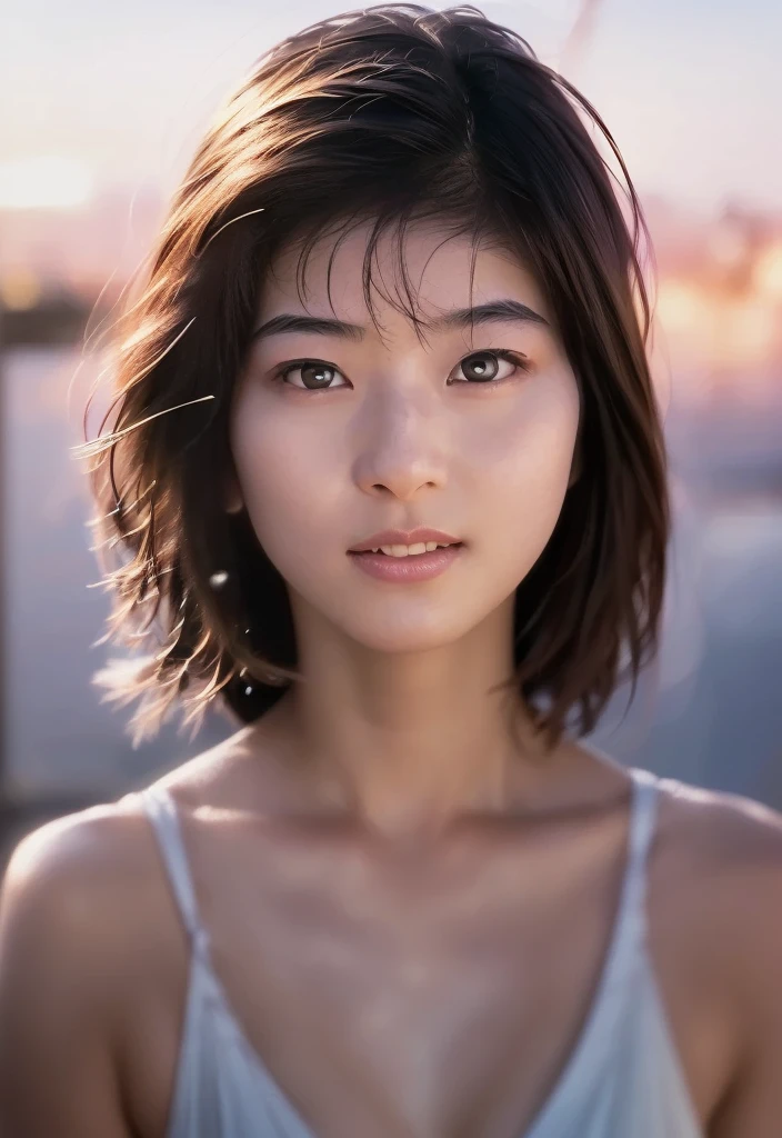 (8k, top quality, masterpiece: 1.2), (realistic, photorealistic: 1.37), super detailed, (( 1 girl))), solo, portrait, face up, beautiful detailed sky, detailed café, night, date, (blush), (smile: 1.2), (closed mouth) small breasts, beautiful fine eyes, (shirt: 1.1), night, wet, rain, white lace, (short hair: 1.2), Float NovaFrogStyle, Stand, Sexy, Cute