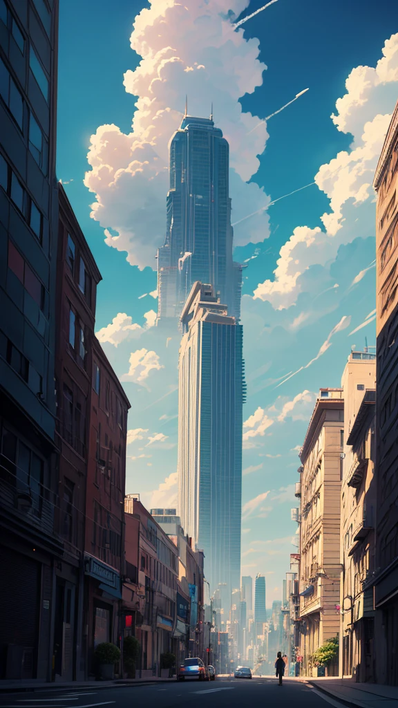 A vast landscape photo (view from below, with sky and buildings visible) There is a young man looking up at the sky. Street fashion, distant buildings, large cumulonimbus clouds, clear blue, (Detail: 1.4) (Best Quality: 1.4), 8K, Overwhelming writing, Very delicate (dynamic composition) illustration reminiscent of 80s anime.
