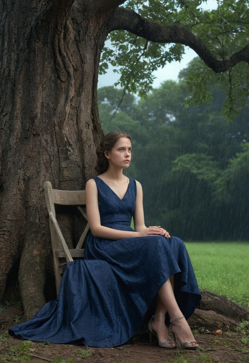 A girl sits on a wooden chair near a large, old tree with wide branches and lush leaves. She is wearing a dark blue long dress. Her face, showing a sad and anxious expression, is visible from the side. One hand holds a pair of heels, while the other rests on her forehead. The sky is somewhat dark with light rain falling, creating a melancholic and dramatic atmosphere. Faint sunlight breaks through the clouds, casting patterns of light and shadow around her. The image is in 8K resolution with very sharp and clear details