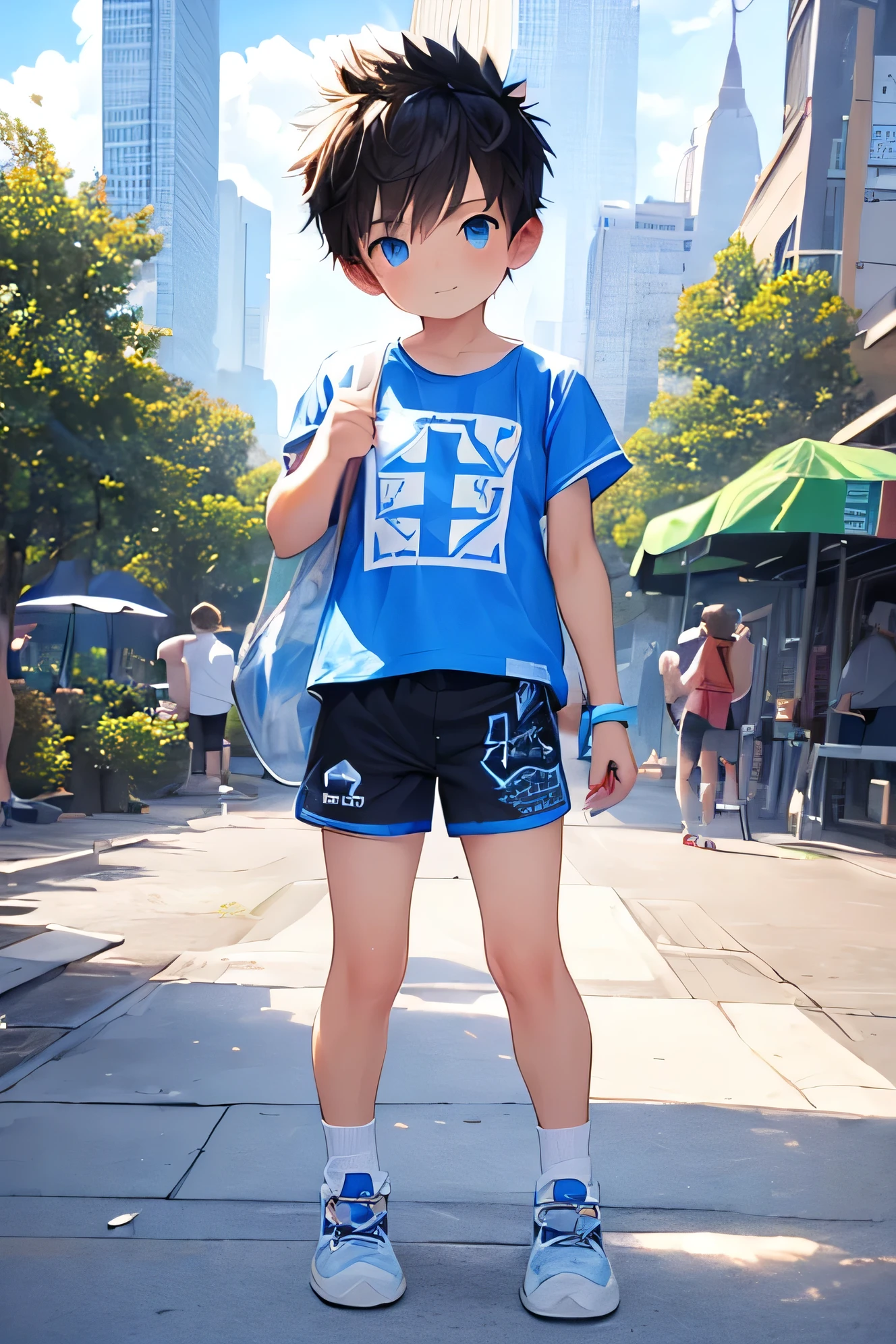 (Shota:1.5),(((Highest quality))),(((masterpiece))),(((Very detailed))),(((High resolution))),T-Shirts,Short shorts,White socks,Blue sneakers,12 years old,Japanese,Spiked Hair,Black Hair,blue eyes,Baby Face,Beautiful face,